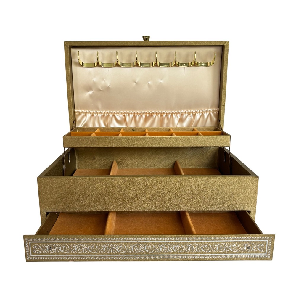 Vintage Mid Century Gold Tone Jewelry Box Large Tiered Necklace Hanging Hooks